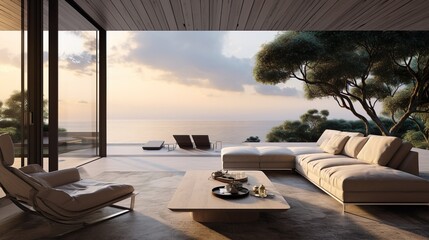 Luxurious terrace with sunset and living room interior with ocean view. Generative AI