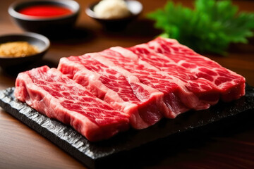 Barbecue Steak raw Japanese Wagyu beef a5 , There is fat between the meat , Created with Generate Ai Technology