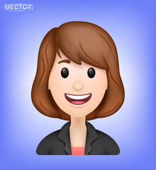 3d vector avatar people cartoon character. Cute young smiling woman with brown short hair-bangs and black-grey suit. Female minimal style isolated on blue gradient background vector illustration.