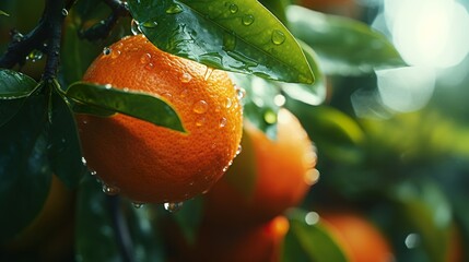 Wet orange fruits with raindrops on a branch