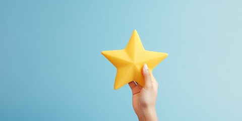 Woman's hand holds one star on a blue background. Customer Experience Concept. Service rating. Clients Choosing Satisfaction Rating.Customer Service, generative ai