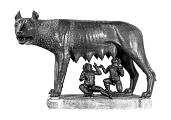 Capitoline wolf with Romulus and Remus ancient sculpture isolated