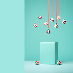 Red and white ornaments hanging, against teal background, with copy space. Minimal Christmass, new year layout, AI generative, illustration.