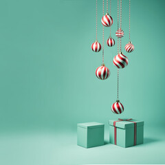 Red and white ornaments hanging, against teal background, with copy space. Minimal Christmass, new year layout, AI generative, illustration.