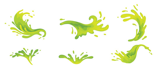 Water and juice splash liquide. Vector Illustration. A wave shape, sculpted testament to oceans rhythm A green drop shape, gentle whisper of fluid dynamics A dripped droplet, delicate dancer in ballet