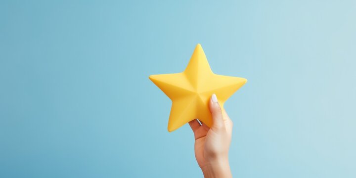 Woman's hand holds one star on a blue background. Customer Experience Concept. Service rating. Clients Choosing Satisfaction Rating.Customer Service, generative ai