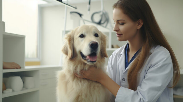 Beautiful Female Veterinarian Petting a Noble Golden Retriever Dog. Healthy Pet on a Check Up Visit in Modern Veterinary Clinic with Happy Caring Doctor. Generative AI.