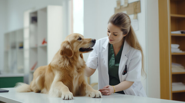 Beautiful Female Veterinarian Petting a Noble Golden Retriever Dog. Healthy Pet on a Check Up Visit in Modern Veterinary Clinic with Happy Caring Doctor. Generative AI.