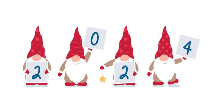 christmas and new year greeting card 2024 cute christmas dwarf vector illustration EPS10