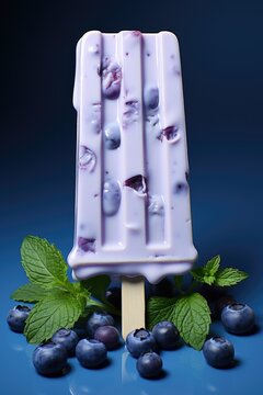 Blueberry vanilla popsicle with fresh berries and mint on a dark blue background. Natural bilberry icecream on a stick. Homemade ice cream dessert. Modern summer concept. Place for text