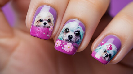 Naklejka premium Nail Technician Dog Portrait. Colorful banner with empty copy space on the side. Generative AI.