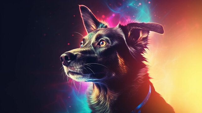Psychic Dog Portrait. Colorful banner with empty copy space on the side. Generative AI.