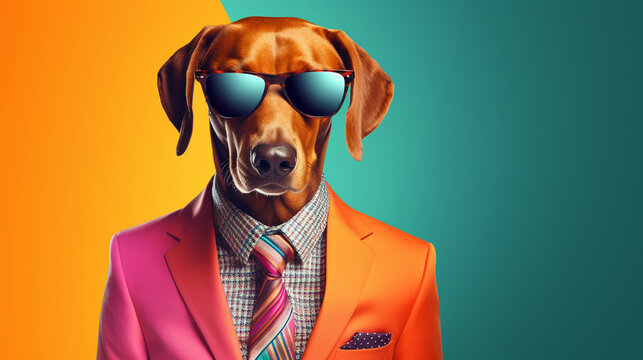 Businessman Dog Portrait. Colorful banner with empty copy space on the side. Generative AI.