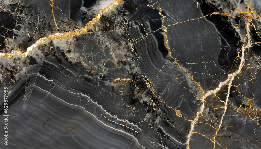 Wall mural luxurious black agate marble texture with golden veins, polished marble quartz stone background stri