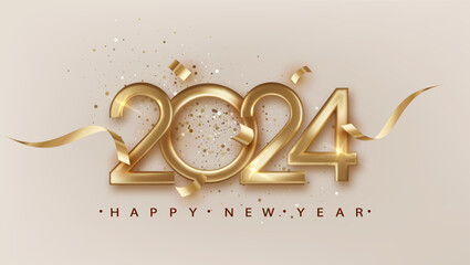 2024 New Year with golden golden ribbon. Elegant festive christmas banner with falling confetti on bright background. 2024 Golden 3d number. - obrazy, fototapety, plakaty