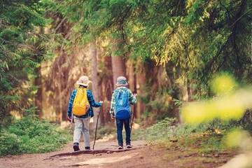 Obraz premium Two boys with backpacks hiking together in the wilderness forest.