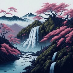 landscape of the waterfall and mountains