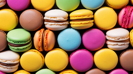 Fototapeta na wymiar Colorful french macarons background, close up. Generative AI