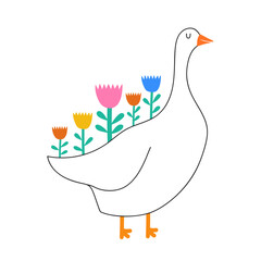 Vector illustration with goose animal and flowers. Cute spring and summer print design, colored floral home decoration wall poster
