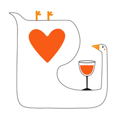 Vector illustration with goose farm bird, big red heart and glass of red wine or cocktail. Trendy print design, party invitation celebration greeting card - 629878769
