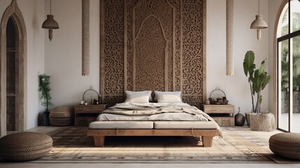 Moroccan walls and luxurious wooden bedroom interiors. Generative AI
