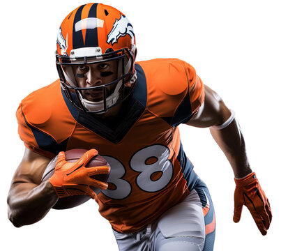An American football player in a orange uniform and a helmet runs with the ball in his right hand. Isolated transparent background