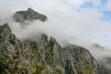 Limestone mountain between the fog in Riaño