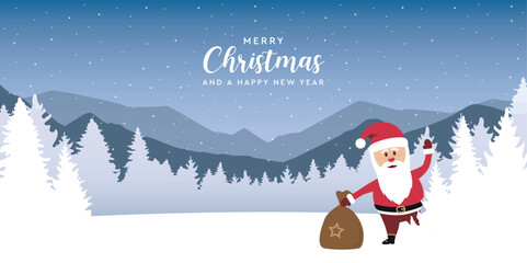cute santa on snowy mountain and forest winter landscape christmas greetig card vector illustration EPS10