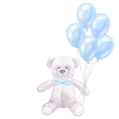 Watercolor postcard blue balloons and teddy bear, bow. Boy's birthday. Hand drawn illustration isolated white background. Gender party, baby shower, holiday