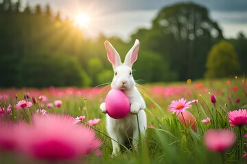 easter bunny and easter eggs generating by AI technology
