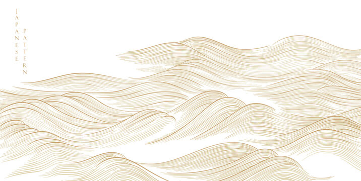 Oriental natural wave pattern with ocean wave decoration banner design in vintage style. Japanese background with watercolor texture painting element vector.  Marine template.