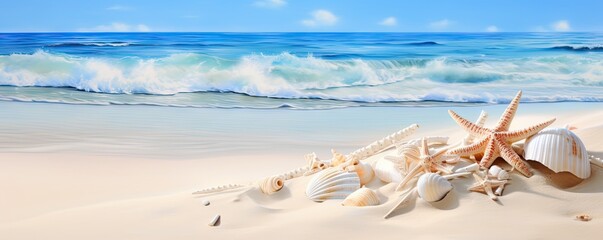 Fototapeta na wymiar Seaside beautiful nature landscape. Relaxing beach holiday. Seashell and starfish. Blue seascape beauty