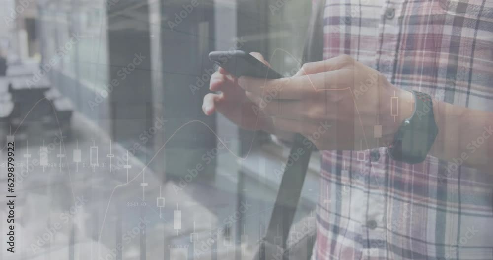 Poster animation of statistical data processing over mid section of a man using smartphone on the street