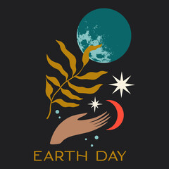 Earth Day hand holding International Mother Planet. Environmental problems and protection. Vector minimalist stylish clip art illustration. Caring for Nature and our world. Night landscape flat