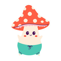 Happy Halloween. Vector cute illustration of mushroom fly agaric in pants in trendy colors for postcard, flyer, banner