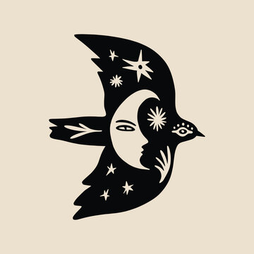 Fototapeta Birds with night folk moon ornament. Paper cut boho scandinavian style flat design. Hand drawn vector.