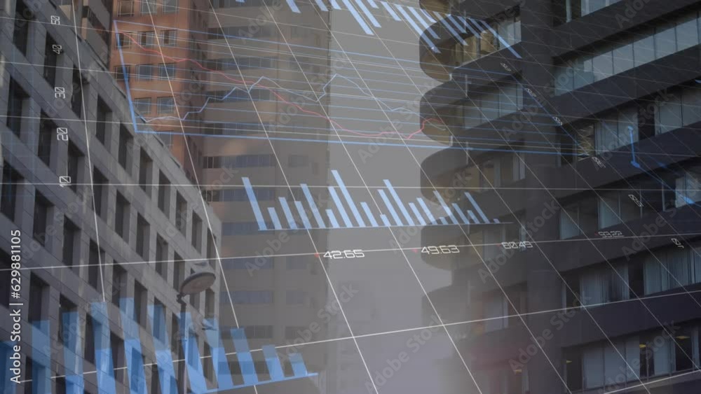 Wall mural Animation of statistical data processing against view of tall buildings