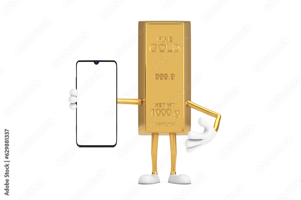 Aufkleber Golden Bar Cartoon Person Character Mascot and Modern Mobile Phone with Blank Screen for Your Design. 3d Rendering