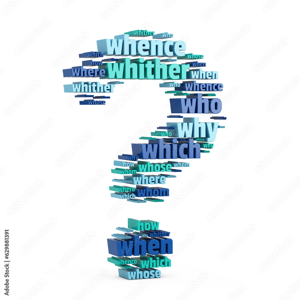 Poster Question Words in Shape of Question Mark. 3d Rendering