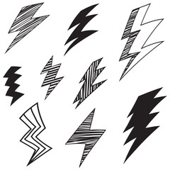 Fototapeta na wymiar set of hand drawn vector doodle electric lightning bolt symbol sketch illustrations. thunder symbol doodle icon .