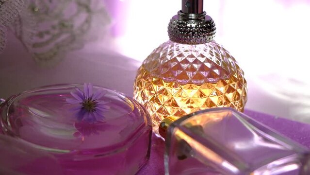 Wedding dress, Women's luxury accessories, variation perfume. Dressing table with fashion details close up,  soft blurred sunlight. Retro, grace and elegance. Vanity table