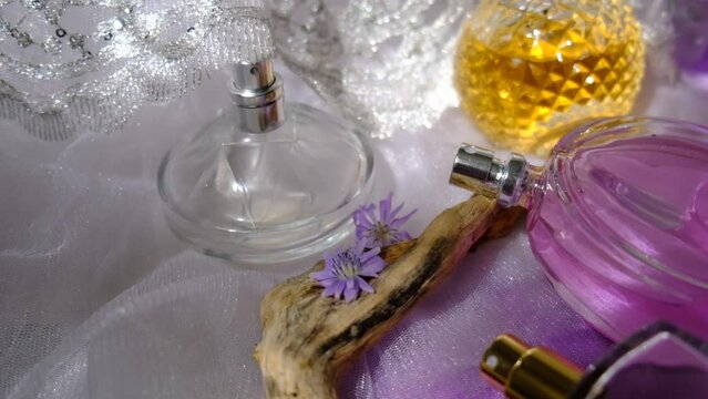 Wedding dress, Women's luxury accessories, variation perfume. Dressing table with fashion details close up,  soft blurred sunlight. Retro, grace and elegance. Vanity table