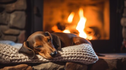 Brown Dachshund dog sleeping snuggly and warm on a wool blanket next to a stone rock fireplace in living room, cozy ambience with flickering orange flames wood fire.