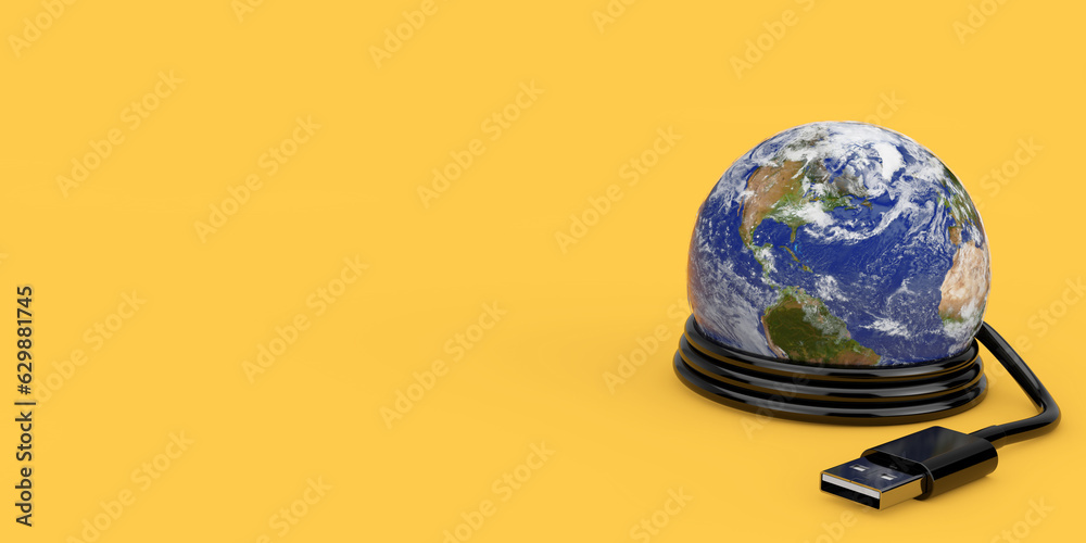 Poster planete earth world globe with usb cable. elements of this image furnished by nasa. 3d rendering