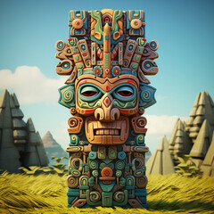 An ancient Egyptian inspired totem, intricately designed with Aztec Greeble tribal motifs, featuring gods and hieroglyphics