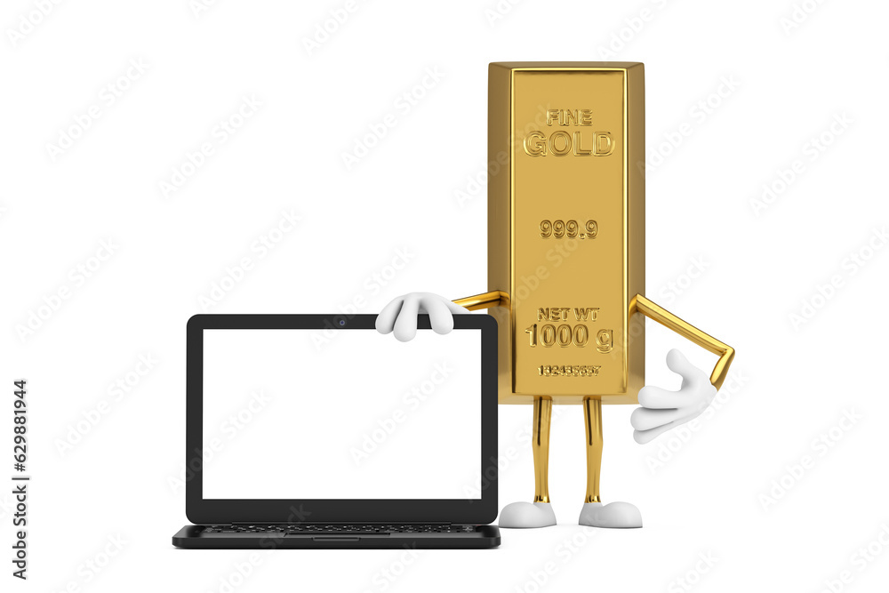 Aufkleber golden bar cartoon person character mascot with modern laptop computer notebook and blank screen for