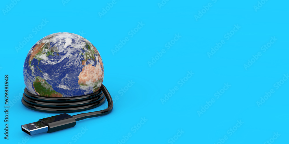 Aufkleber Planete Earth World Globe with USB Cable. Elements of this image furnished by NASA. 3d Rendering