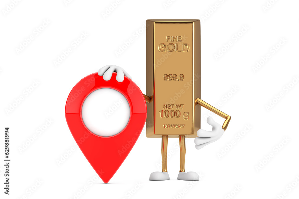 Poster golden bar cartoon person character mascot with red target map pointer pin. 3d rendering