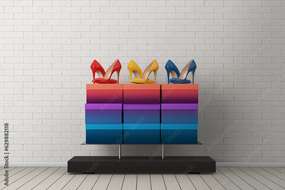 Aufkleber store product display showcase rack shelves with woman shoe boxes and high heels wooman shooes in fr