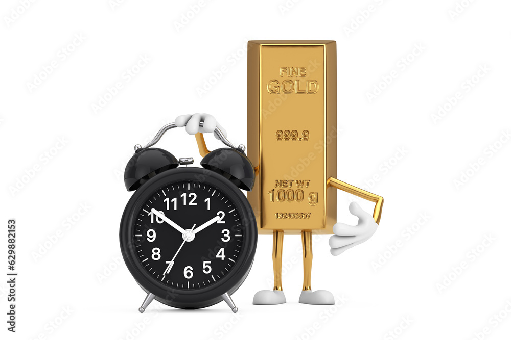 Aufkleber golden bar cartoon person character mascot with alarm clock. 3d rendering